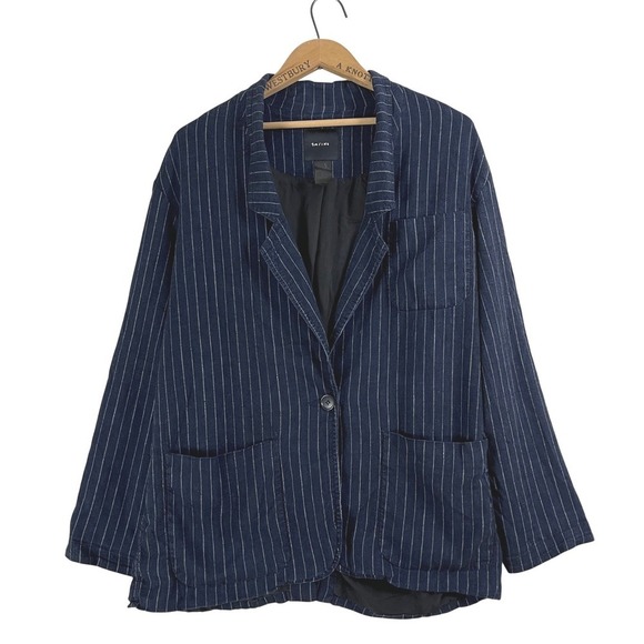 Smythe Navy Blue Pinstripe Linen Blend Blazer Jacket Womens Large Made in Canada - Picture 2 of 11